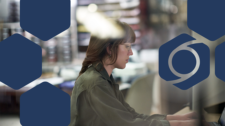 Photo of a woman on a computer, with the Storm actor icon in overlay