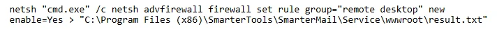 Screenshot of code for modifying the firewall and enabling RDP
