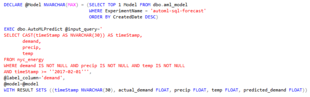 Example of invoking the AutoMLPredict procedure.