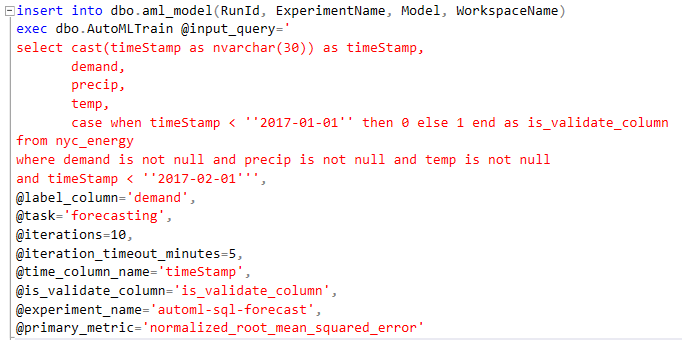 Example of invoking the AutoMLTrain procedure.