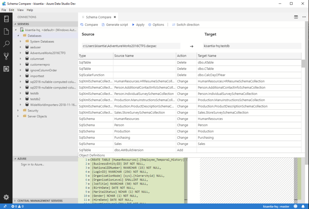Schema Compare example in Azure Data Studio.