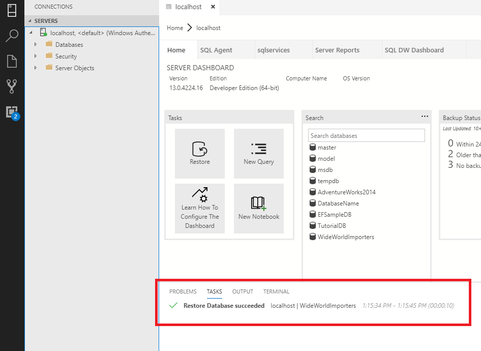 Tasks view example in Azure Data Studio.