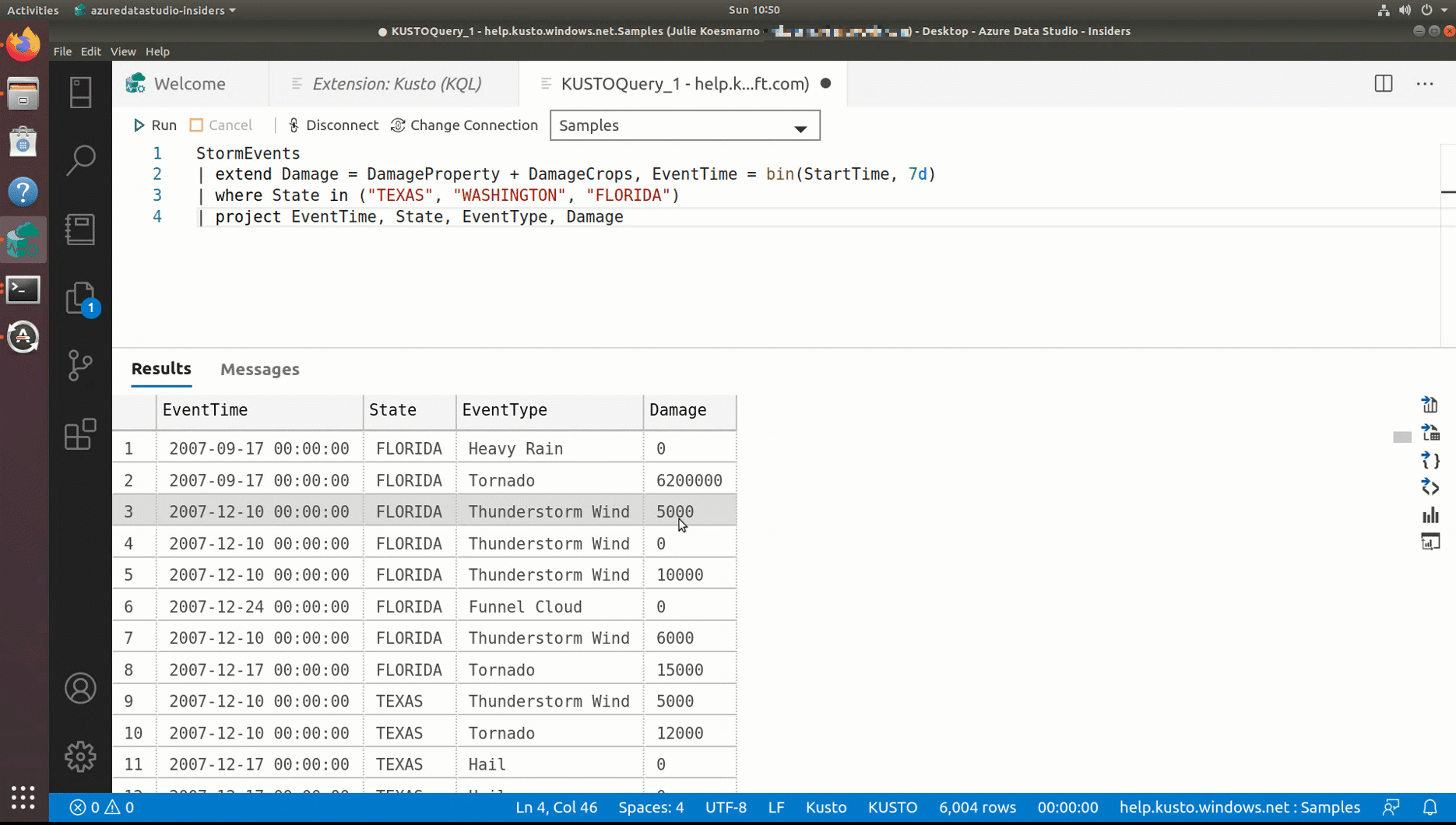 Using SandDance to visualize a KQL query resultset.