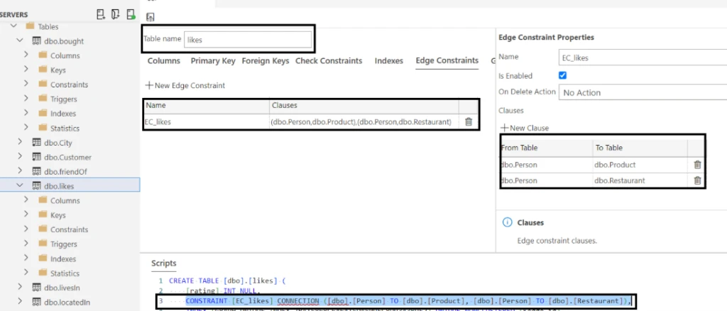 Snapshot of an Edge Table Design showing Constraint configurations