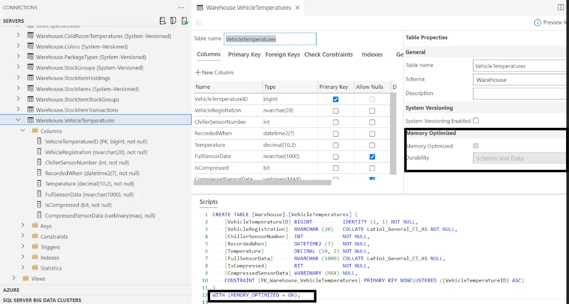 Snapshot of a Memory Optimized Table Design