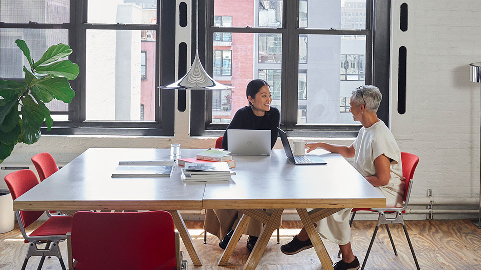 Two women with laptops have a discussion at a conference table