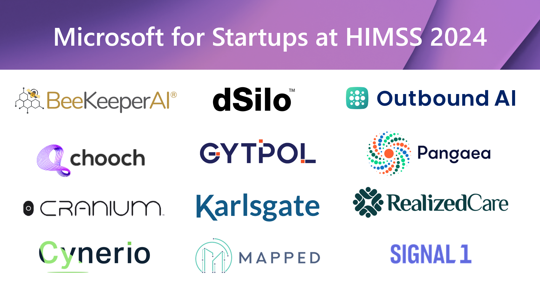 An image of Pegasus portfolio startups presenting at Healthcare Information and Management Systems Society (HIMSS) 2024 conference in Orlando, Florida, including: BeeKeeperAI, Chooch, Cranium, Cynerio, dSilo.AI, GYTPOL, Karlsgate, Mapped, Outbound AI, Pangaea Data, RealizedCare, and Signal 1.