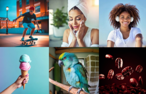 Collage of six photos generated by Bria. Starting top left and going across to the right, there is a skate boarder, a woman washing her face, a woman with headphones on. Starting on the bottom left and going across to the right, there is an ice cream cone with two scoops of ice cream, a parrot standing on a branch, and coffee beans
