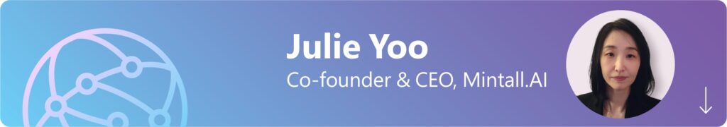 blue and purple banner with a woman's headshot, name, and title