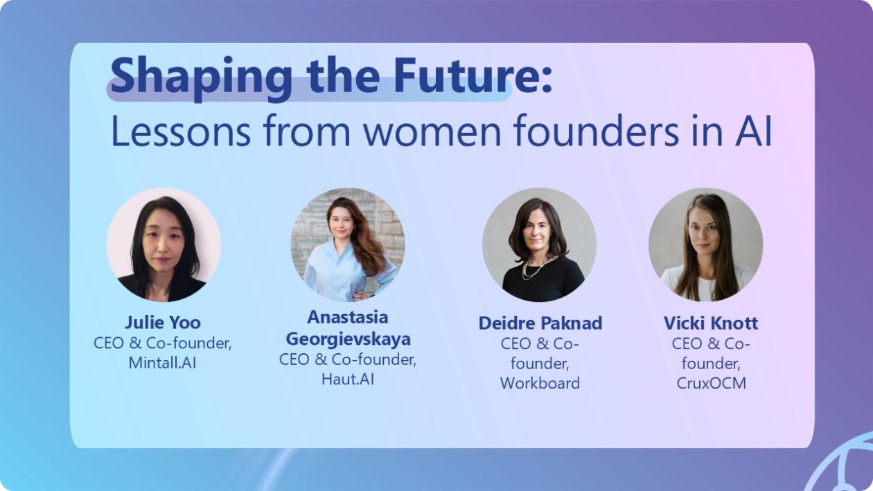 Four individual headshots of women with their names and titles on a purple background