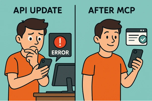 Cartoon boy frowning at an error on this phone next to the same cartoon boy smiling at its resolution