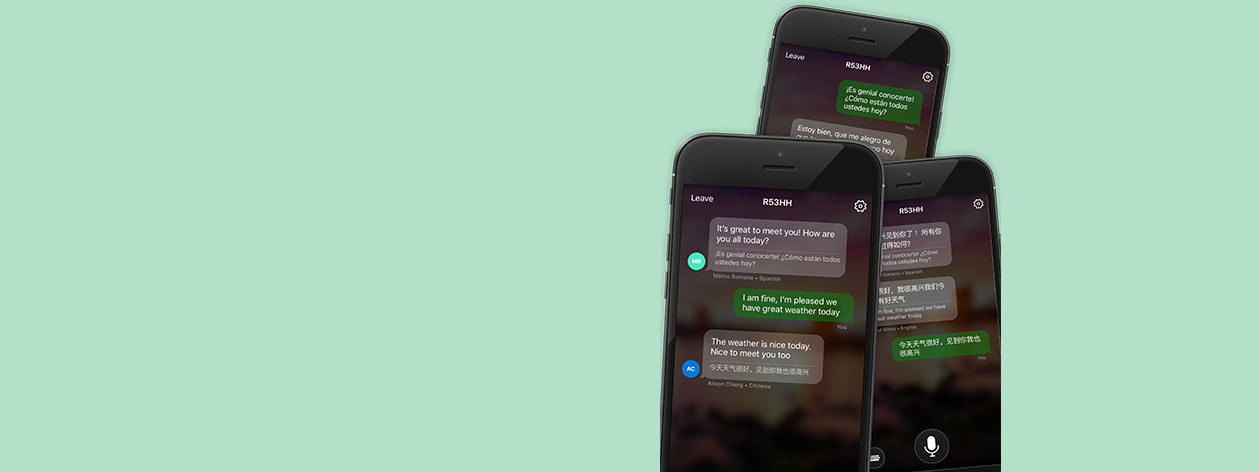 Multiple mobile phones displaying the multi-device conversation feature in action