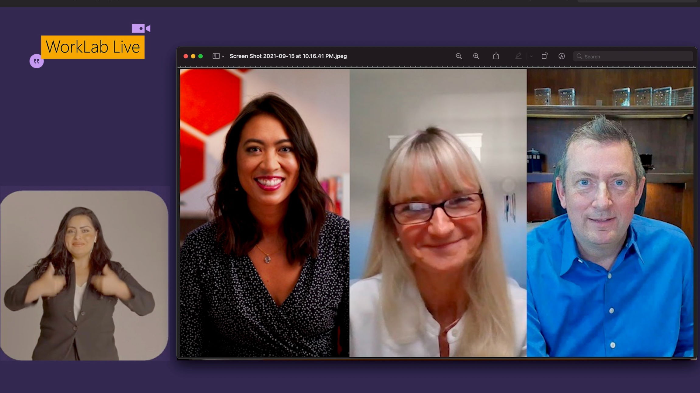Wilson, D’Hers, and Hu in their home offices for the interview. An interpreter in the left corner; on-screen text reads “WorkLab Live.”