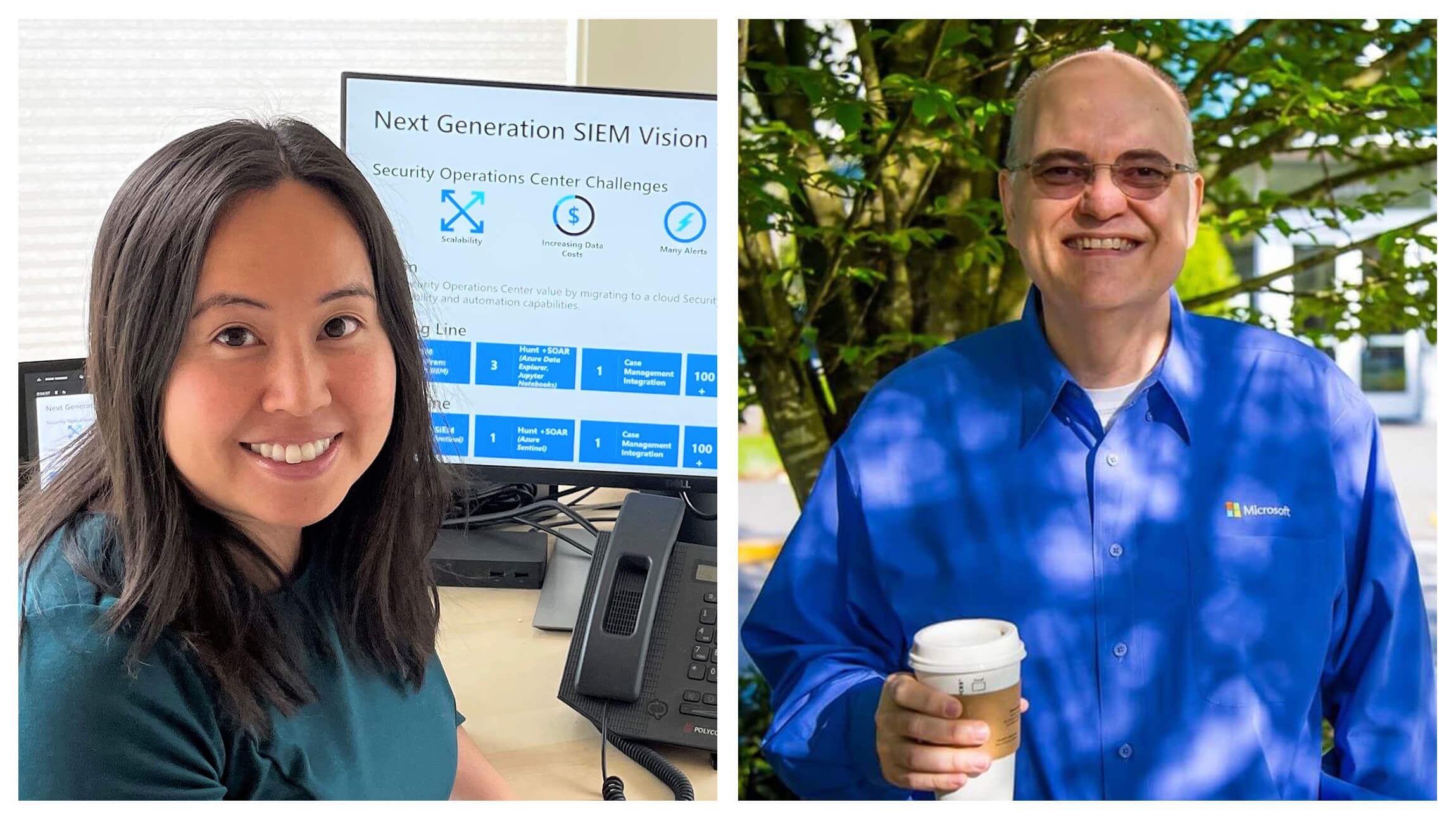 Microsoft Digital’s Mei Lau and Pete Apple in separate photos, joined together. They are shown working in their home offices.