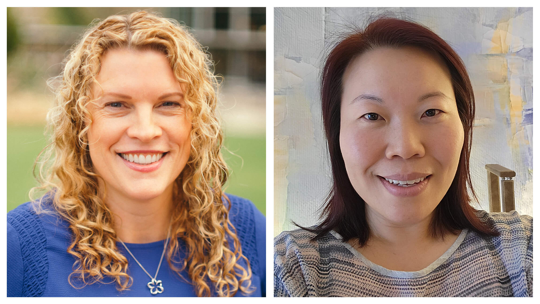 Flaherty and Go smile in separate photos that have been joined together. Flaherty is outside and Go is in her home office.