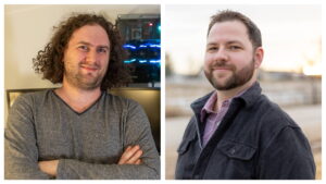 Split-frame image of Getty and Bir. Getty stands at his desk with his workstation in the background. Bir stands outside at sunset.