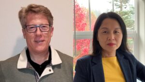 Godolphin and Jiao are shown at their home offices in two images lined up next to each other.