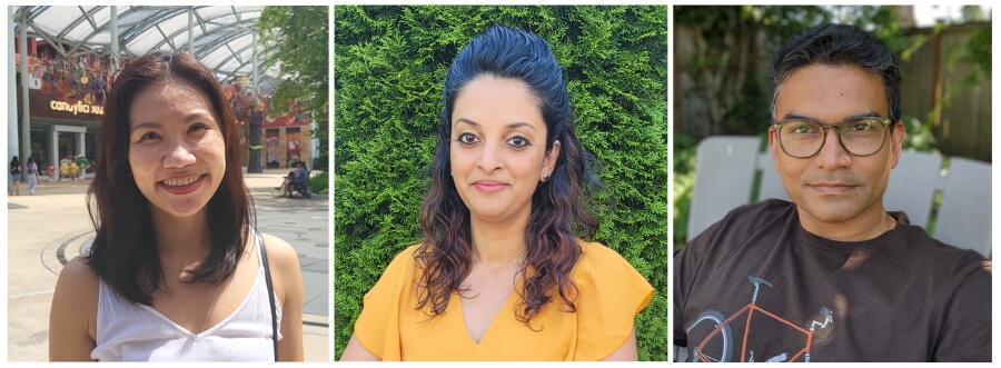 Teo, Kamdar, and Maheshwari pose individually for photos that have been stitched together into one.