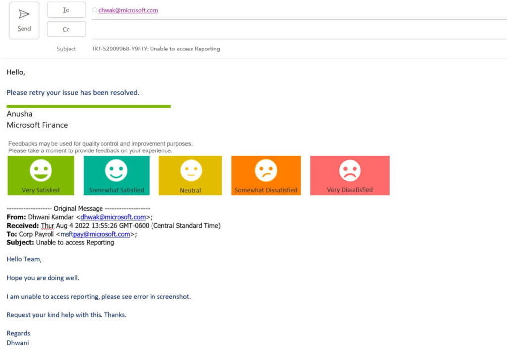 An email message in Outlook featuring a user feedback interface with five options ranging from "Very Satisfied" to "Very Dissatisfied."