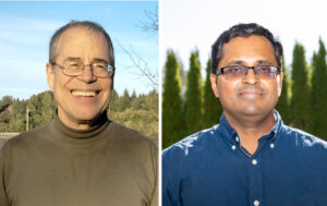 Willingham and Ramakrishnan pose for photos in their home offices that have been joined together in a photo collage.