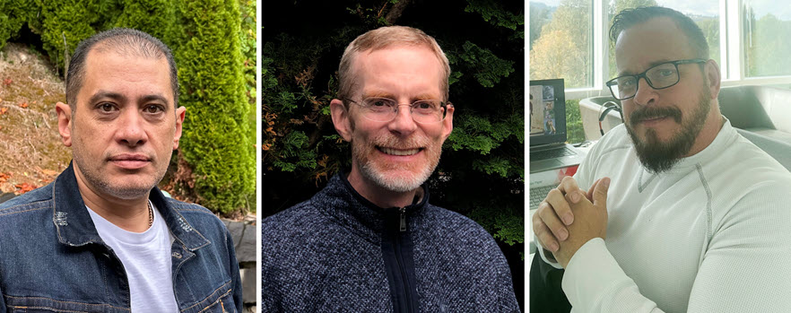 Mazhar, Bouker, and Graff pose for individual photos that have been combined into a photo collage.