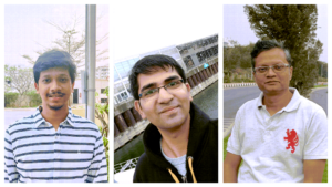 Deb, Agrawal, and Gupta smile in separate photos that have been joined together.