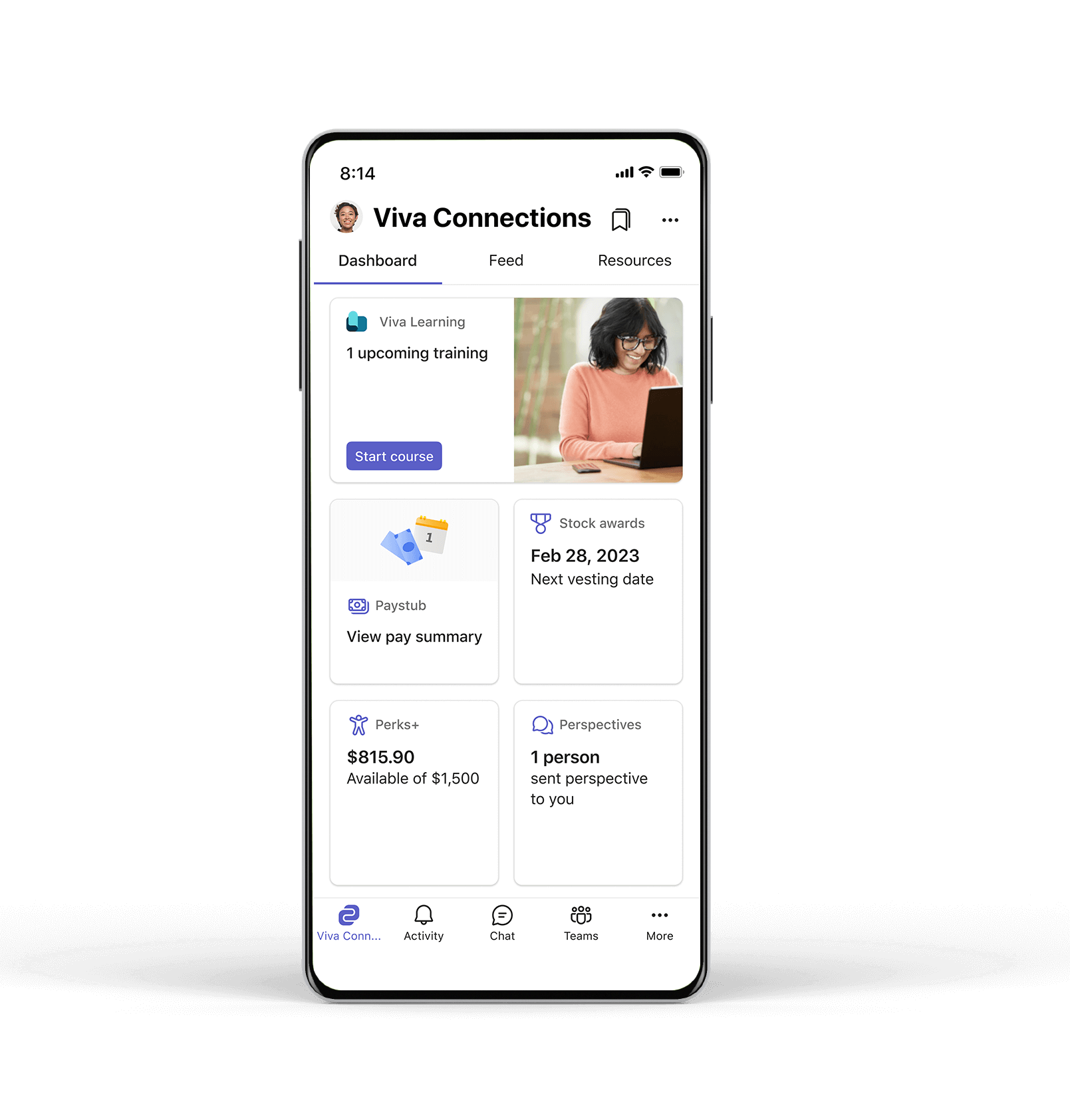 A screen shot of a Microsoft Viva Connections home page on a mobile device for a typical Microsoft employee. The page features a banner with the company logo and navigation links to various resources and tools.