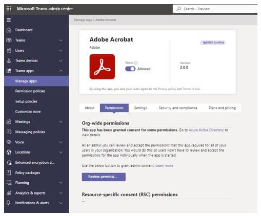 A screenshot of Microsoft Teams admin center application management page. Adobe Acrobat is displayed with options to view: about, permissions, setting, security and compliance and plans and pricing.