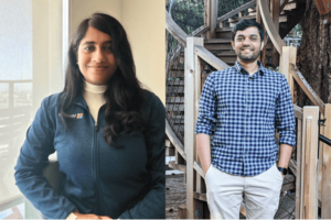 Paranjpe and Nair smile in corporate photos that have been merged into a composite image. 