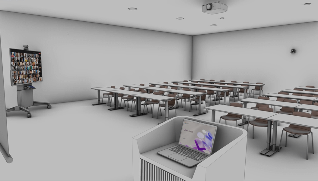 A mockup of a meeting space with empty chairs at several six-person tables, showing a podium looking out on desks and a screen with remote participants.