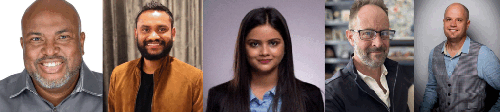 A composite photo of Jones, Pydimarri, Sengar, Boyd, and Velush.