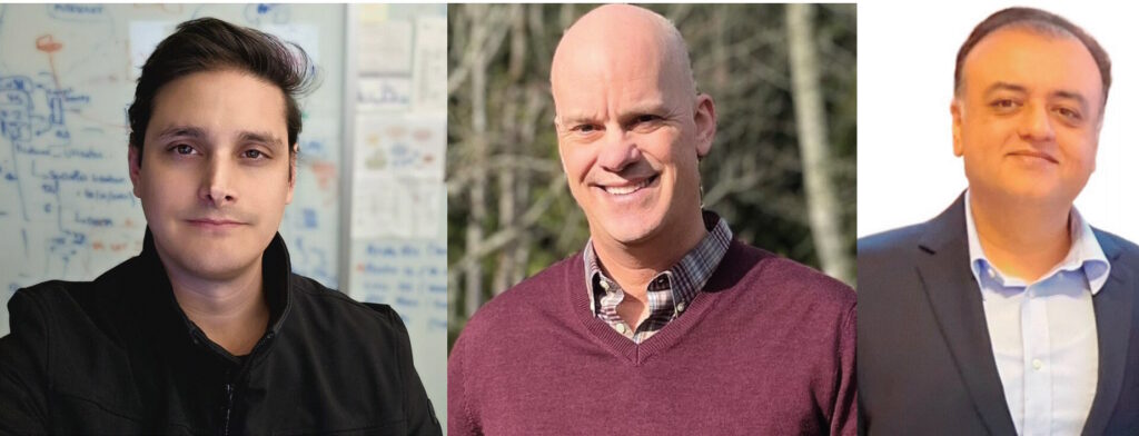 Baccino, Campbell, and Nasir pose for pictures that have been joined into one composite image.