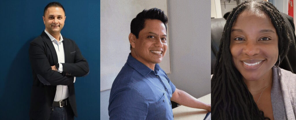 Pancholi, Uribe, and Smith pose for pictures that have been joined into one composite image.