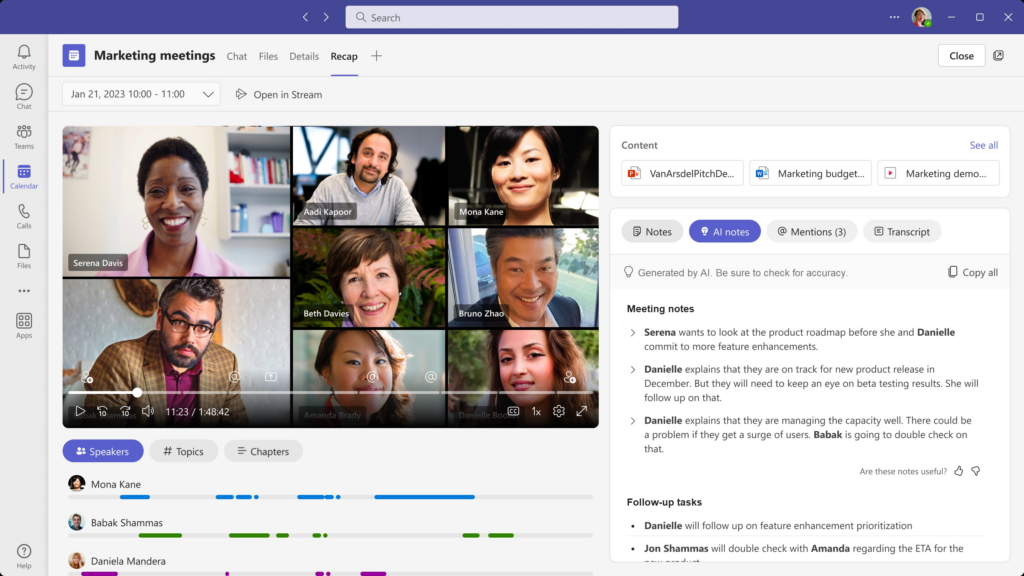 Screenshot showing an Intelligent Recap for a meeting recorded in Microsoft Teams.