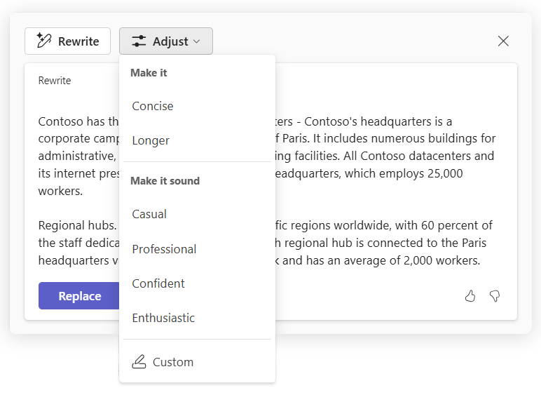 A screenshot shows the Rewrite with Copilot feature in Microsoft Teams.