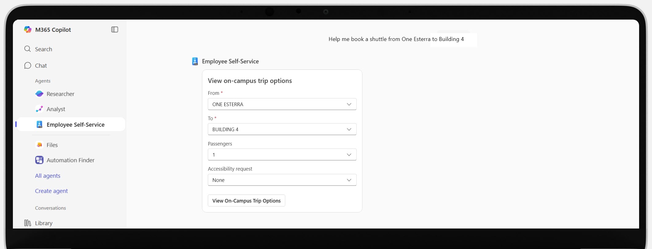 A screenshot shows the Employee Self-Service Agent providing a pre-filled form to help the user complete their shuttle booking.