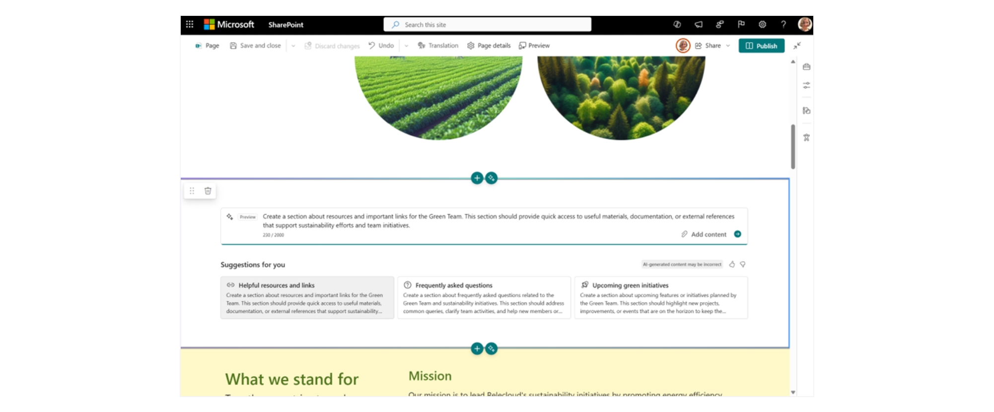 A SharePoint Page under construction, featuring a pane where the creator is selecting content sources for the page.