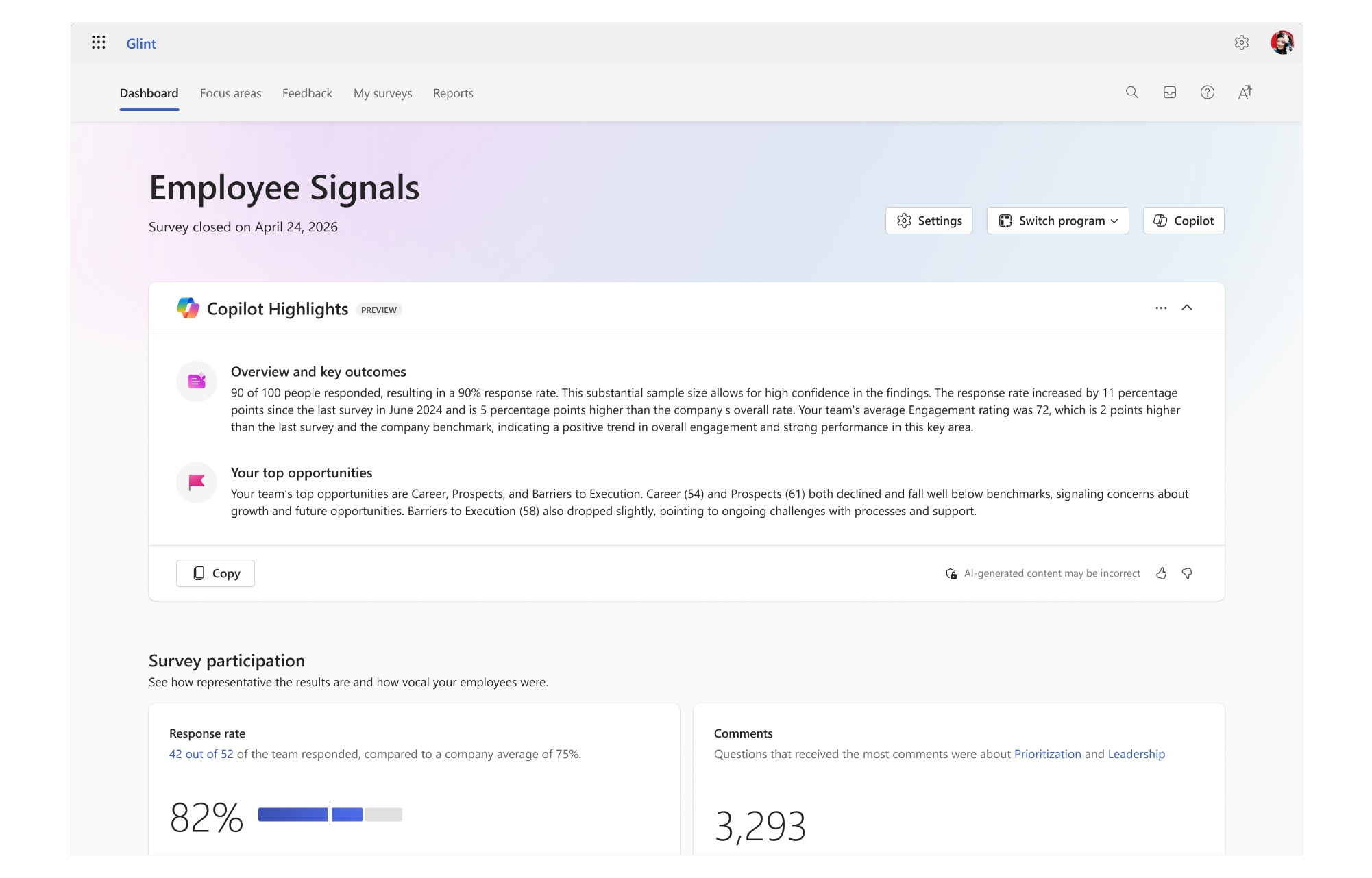 A screenshot of an Employee Signals dashboard. 