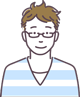 眼鏡をかけた、短くラフな茶髪の男性のイラスト。水色と白のボーダー柄のVネックシャツを着用している。