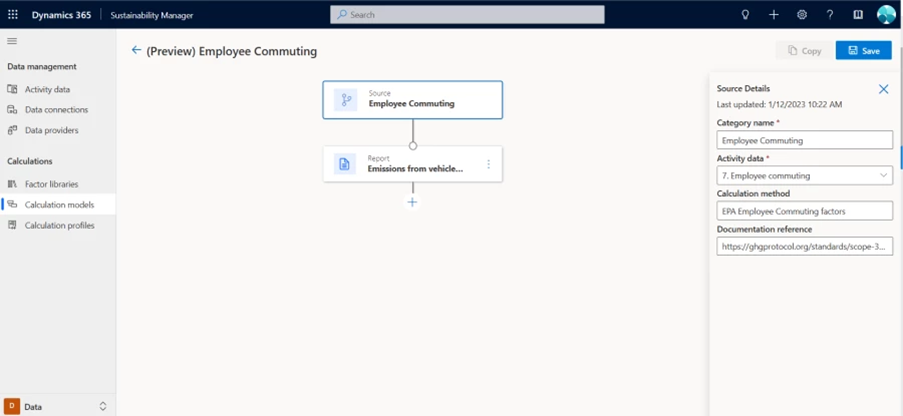 Desktop screen of Commuting emissions in Microsoft Sustainability Manager