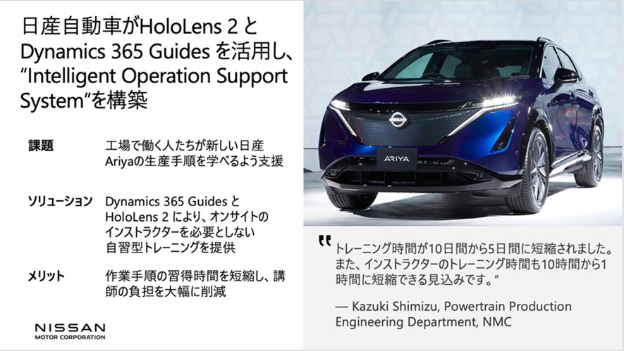 スライド画像「日産自動車が HoloLens2 と Dynamics 365 Guides を活用し、"Intelligent Operation Support System" を構築」／課題：工場で働く人たちが新しい日産 Ariya の生産手順を学べるよう支援／ソリューション：Dynamics 365 Guides と HoloLens 2 により、オンサイトのインストラクターを必要としない自習型トレーニングを提供／メリット：作業手順の習得時間を短縮し。講師の負担を大幅に削減／NISSAN MOTOR CORPORATION