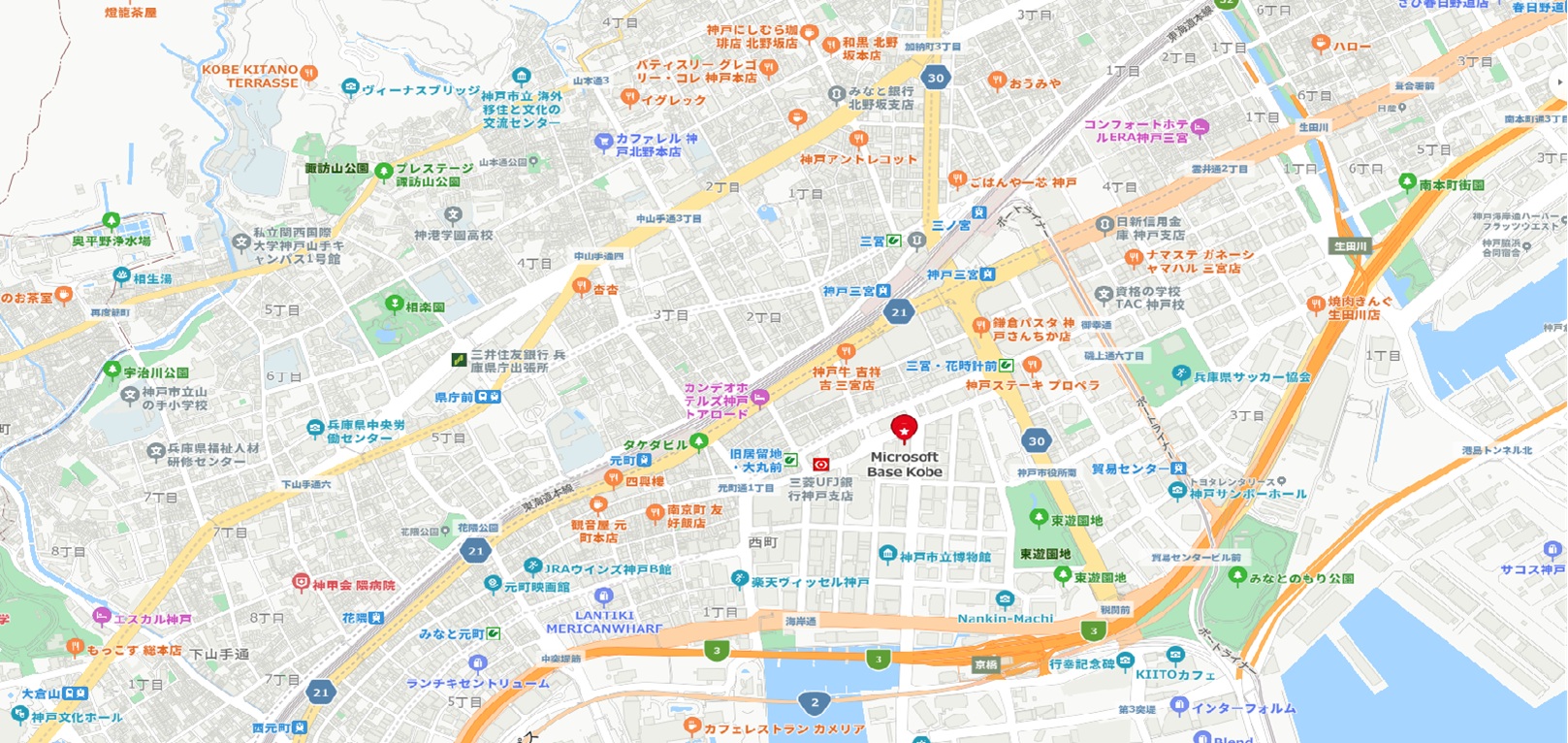 神戸市周辺の地図で、道路、建物、公園、水域が描かれており、「Microsoft Base Kobe」が赤ピンで示されています。