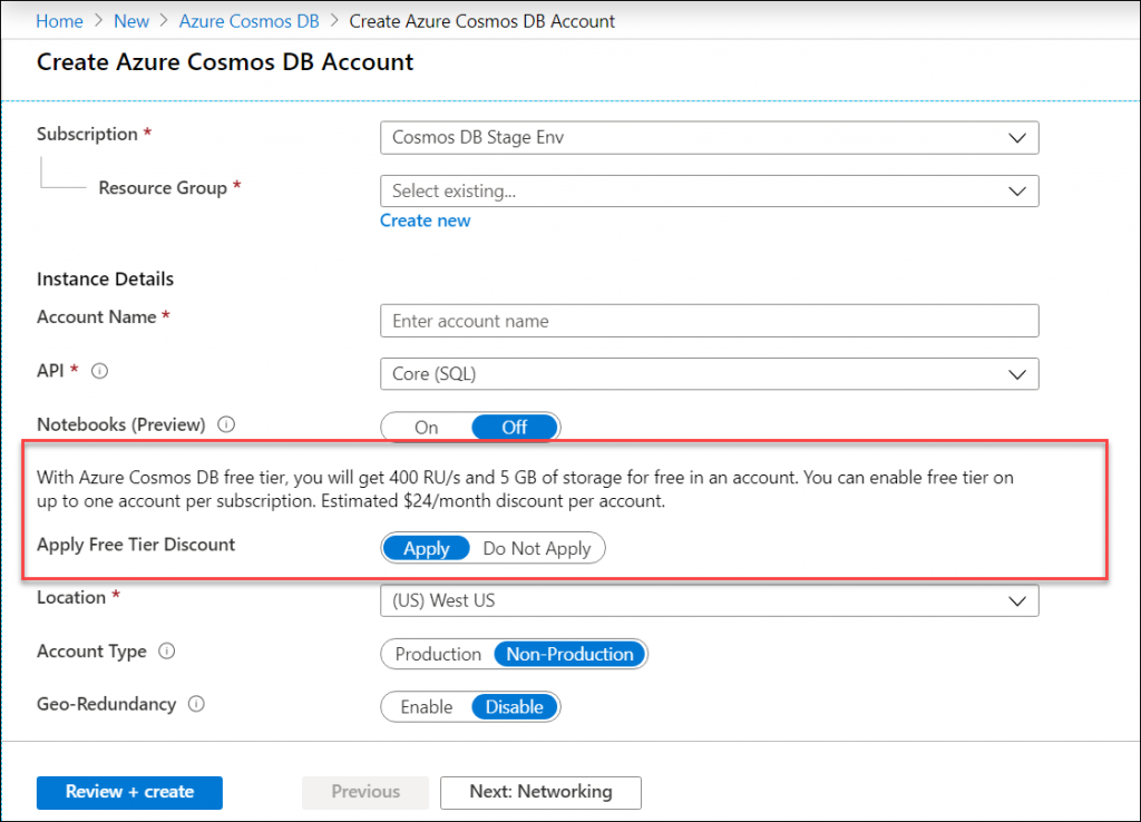 Azure Cosmos DB アカウント作成ページを示すスナップショット