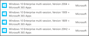Microsoft 365 アプリにバンドルされている Windows 10 Enterprise マルチセッション イメージの一覧と、Microsoft によって公開された複数のバージョン オプションを示す図。