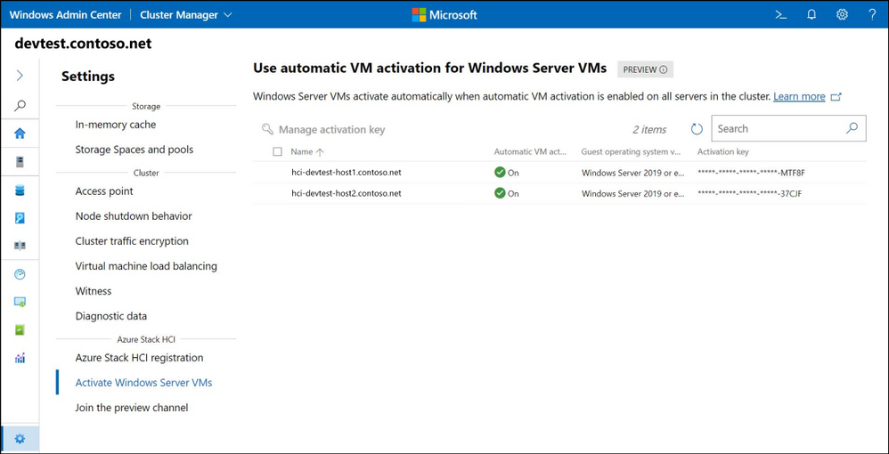 2 つの Windows Server ホストの自動 VM アクティベーション設定を示す Windows Admin Center の図。