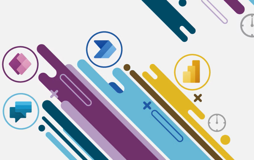 白背景に、左下から右上へと流れる紫、青、黄色、紺色のカラフルで丸みを帯びた斜めのストライプが特徴的な、抽象的でモダンなグラフィック。ストライプの間には、Microsoft Power Platformのサービスを表す4つの円形アイコン（Power Apps（紫のひし形）、Power Automate（青の右向き矢印）、Power Virtual Agents（青の吹き出し）、Power BI（黄色の棒グラフ））が浮かんでいます。デザインの周囲には、プラス記号、ドット、時計の文字盤などの控えめな装飾要素が散りばめられており、テクノロジー、自動化、時間効率のテーマを示唆しています。