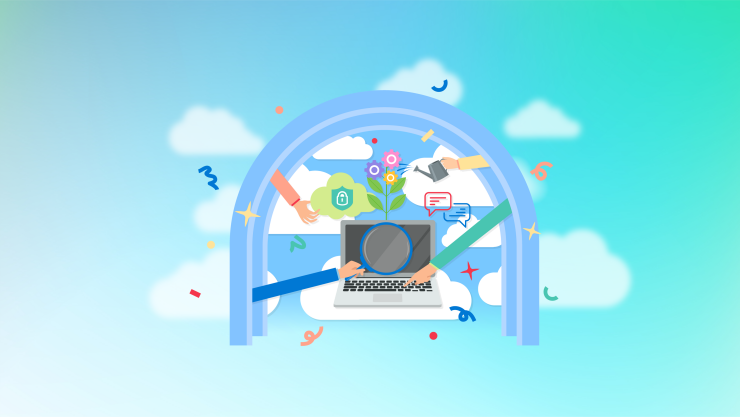 青と緑のグラデーションの背景に水色のアーチ、その中にコンピューター、花、手、雲などのイラストが描かれています。