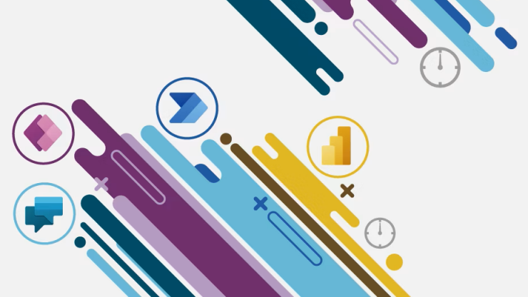 白背景に、紫、青、黄色の斜めのストライプと、円で囲まれた様々なアイコン（グラフ、時計、吹き出しなど）が配置された、カラフルでモダンなデザイン。