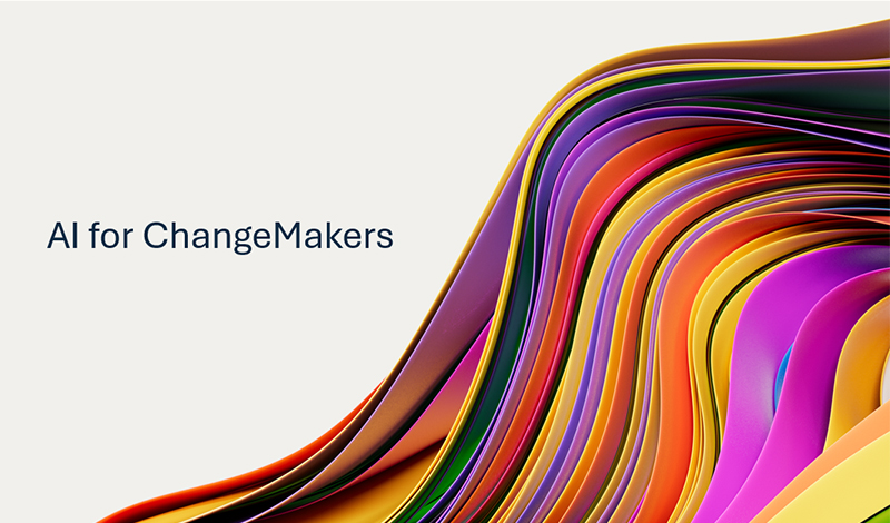 IA para ChangeMakers |  com um fundo abstrato colorido de fitas onduladas em camadas em tons de arco-íris.